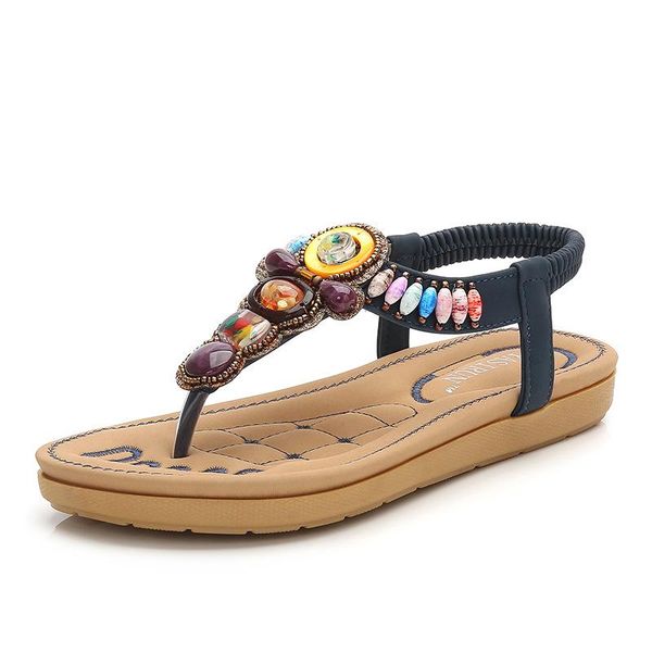 

summer bohemian women's sandals round head color diamonds toe flat beach holiday shoes, Black