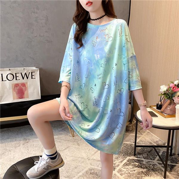 

women's t-shirt big size women beautiful tie-dye 100% cotton tshirts 2021 summer style fashion hollow-out blue plus-sized t-shirts, White