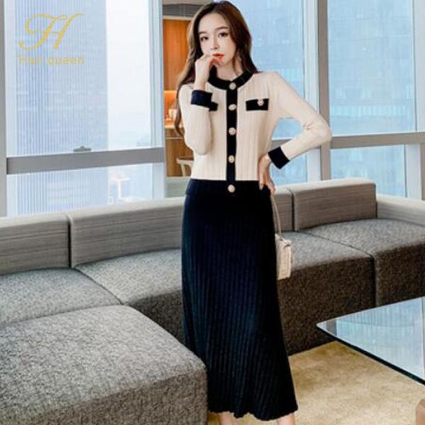 

women's tracksuits h han queen autumn women ol work wear sweater 2 pieces set knit cardigan crop & high waist long skirt korean casual, Gray