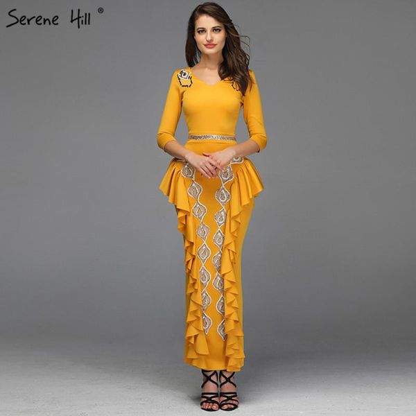 

party dresses yellow v-neck mermaid evening 2021 ruffles sequined ankle-lenght gowns design serene hill dqa8037, White;black