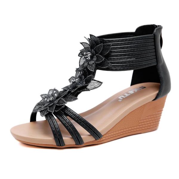 

sandals woman lotus roman style flower wedge shoes cover heel casual black vogue women summer 69