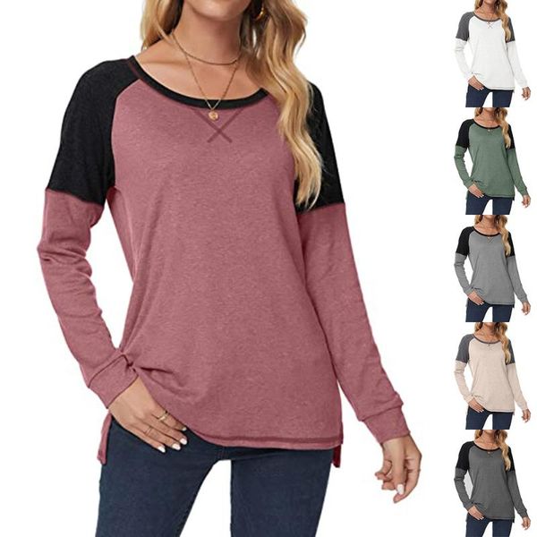

women's hoodies & sweatshirts fall 2021 fashion blouse pullover casual loose wool fleece hit color round neck long sleeve split sweater, Black
