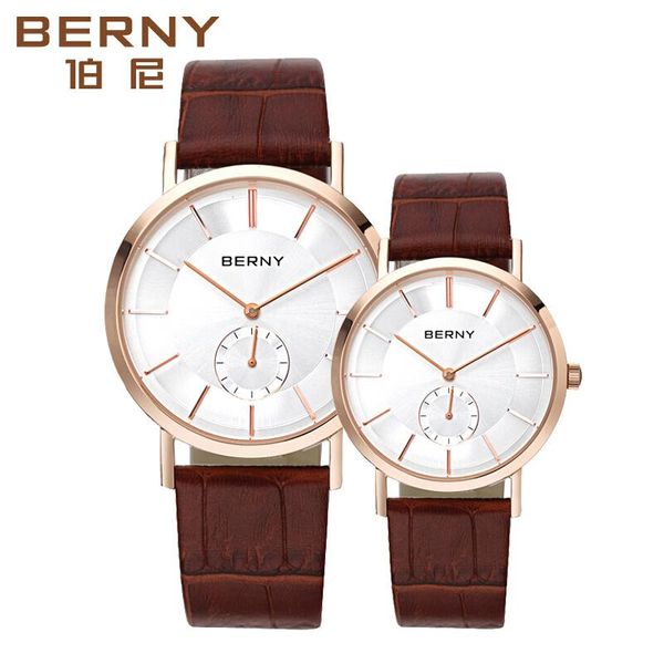 

wristwatches couple quartz watch stainless steel case genuine leather waterproof strap sapphire membrane glass watches assistir casal, Slivery;brown