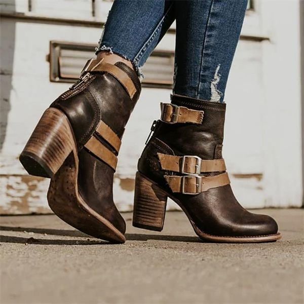 

boots women's solid wedges round toe shoes woman large size buckle strap zipper mid heel warm non-slip shoe for ladies, Black