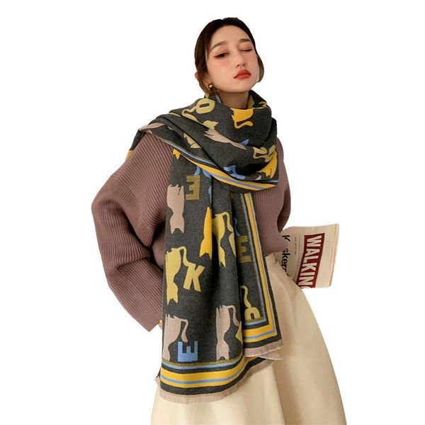 

scarves 2021 winter korean cashmere scarf women autumn and thick shawl double-sided pattern warm bib multi-function, Blue;gray