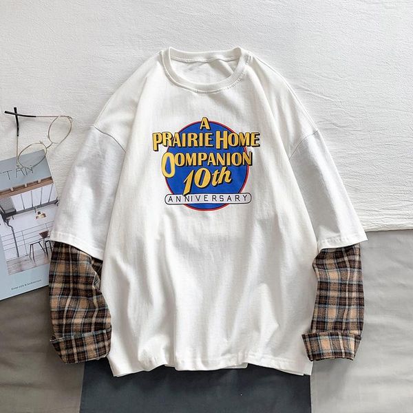

men's t-shirts couple models korean fake two-piece splicing long-sleeved t-shirt spring and autumn loose sweatshir woman tshirts t shir, White;black