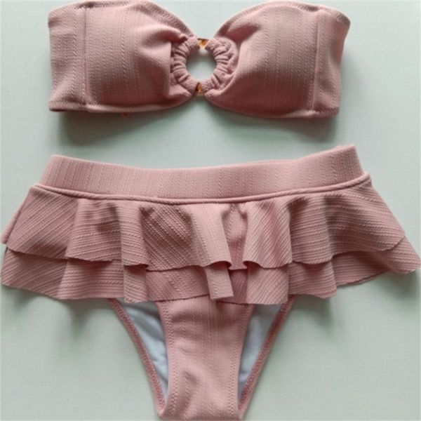 

gnim bandeau swimsuit ruffle bikini mujer summer two pieces solid pink swimwear up bather suit women, White;black