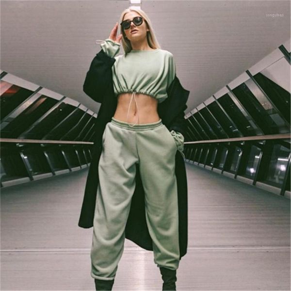 

pcs woman's fashionable solid color casual suit round neck long sleeve drawstring bare midriff loose ninth pants women's tracksui, Gray