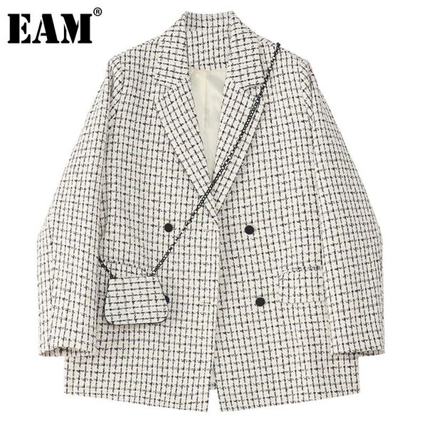 

[eam] women white plaid split big size blazer lapel long sleeve loose fit jacket fashion tide spring autumn 2021 1dd0060 women's suits, White;black