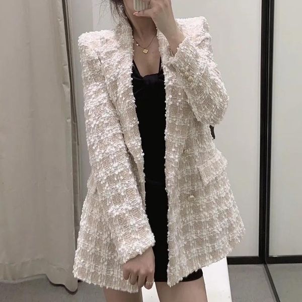

women's suits & blazers elegant double breasted tweed plaid suit women autumn winter long sleeve notched blazer lady office vintage jac, White;black