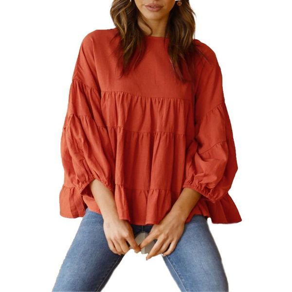 

women's t-shirt women fashion long sleeve ruffle edge stacked round neck casual solid color loose for ladies female, White