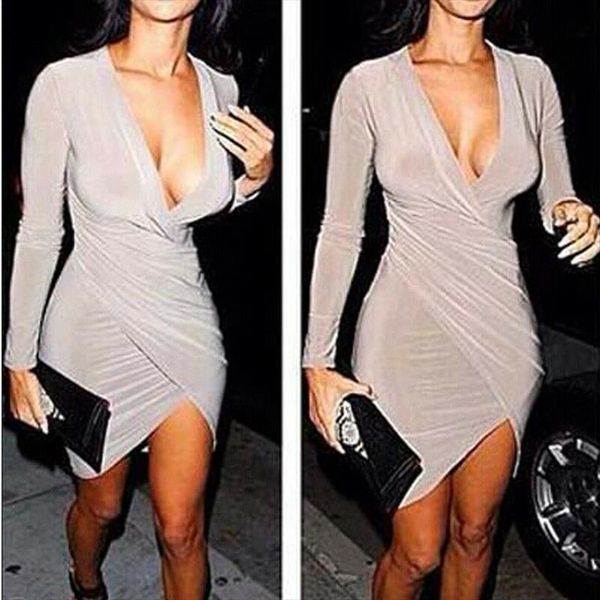 

s long sleeve deep womens dresses v neck bandage bodycon evening party club, Black;gray