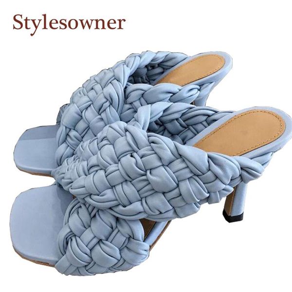 

latest autumn hand-woven double sheepskin sandals outside high heel square toe cross open summer slippers women party shoes, Black