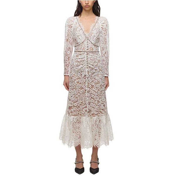 

casual dresses runway designers dress women v-neck long sleeve white lace marmaid party 2021 spring autumn vestidos de fiesta, Black;gray