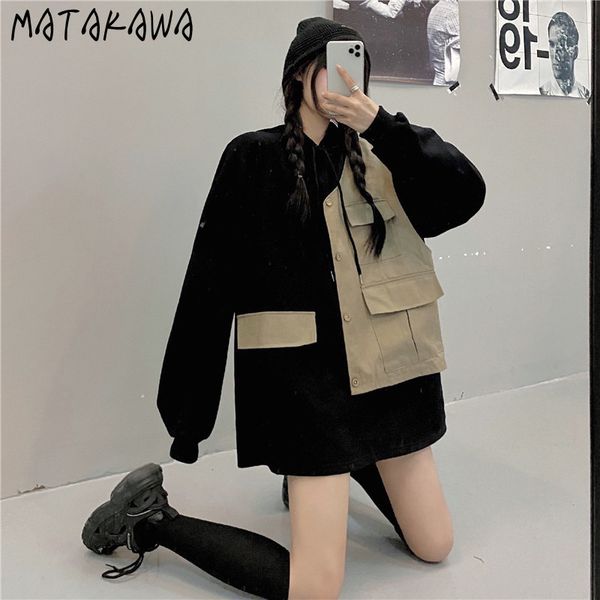 

matakawa spring retro hoodie fake two-piece vest sweatshirt stitching asymmetrical design workwear women's hoodies 210513, Black