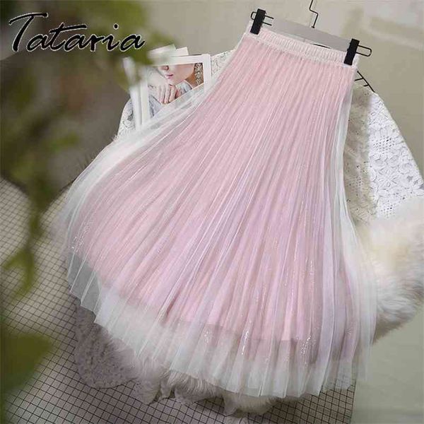 1 высокая талия юбка для женщин сетки плиссированная яркая шелковая пряжа S причинный красивый градиент цвета S 210514