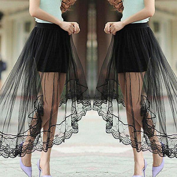 

skirts ladies women gypsy long jersey tulle lace skirt, Black