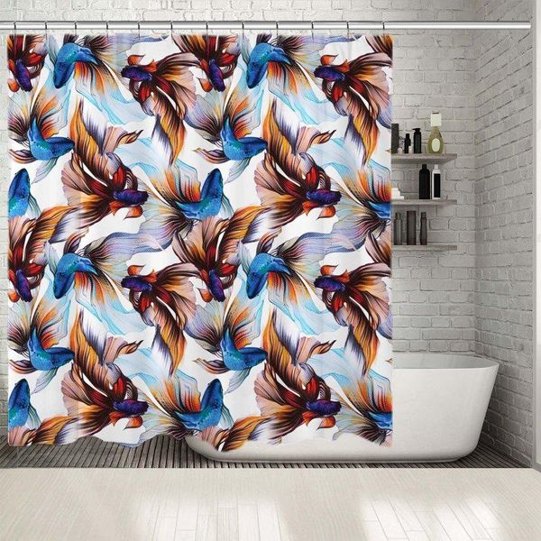 

shower curtains curtain golden fish veiltail pattern aquatic wild nature decorative graphic art blue brown white