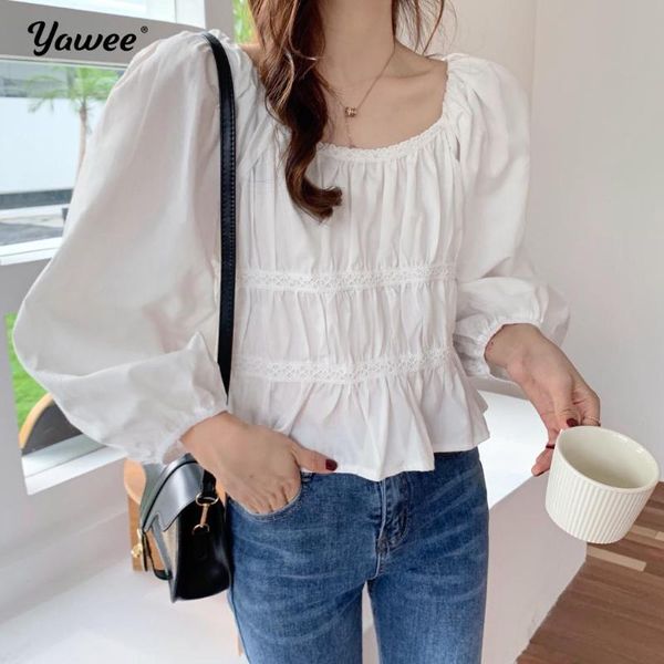 

women's blouses & shirts square collar white chiffon women autumn 2021 long sleeve elegant ruffles shirt fashion korean ladies
