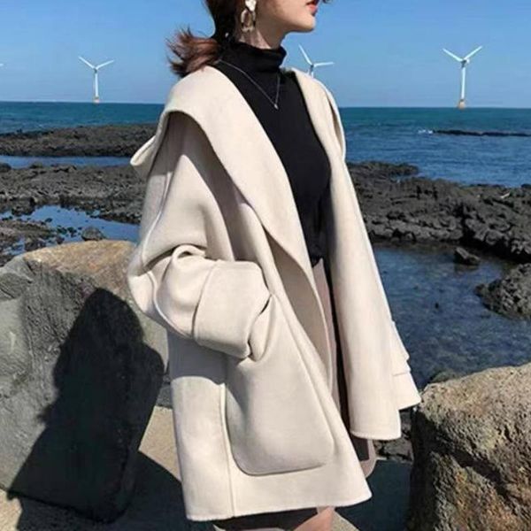 

women's wool & blends women trendy spring ulzzang hooded all-match cloak open stitch elegant thin pure soft female outerwear est chic, Black