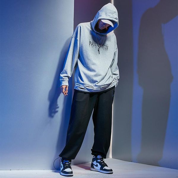 

men's tracksuits autumn winter hole hollow letters hooded tracksuit harajuku hip hop pullover loose casual sweatshirts sets 2 pcs, Gray