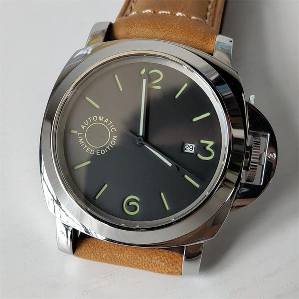 

wristwatches 44mm watch men automatic mechanical stainless steel luminous waterproof leather strap date p11, Slivery;brown