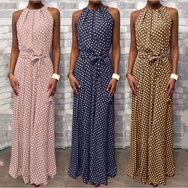 

fashion women sleeveless polka dot print belt halter party banquet maxi dress casual dresses, Black;gray