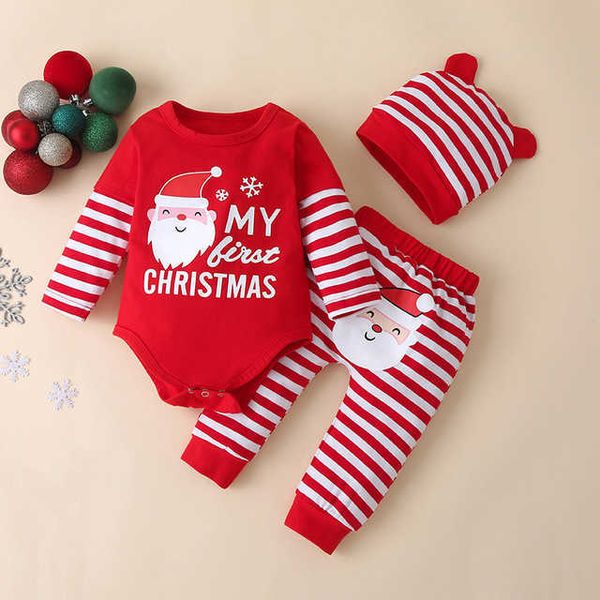 

newborn baby boy clothes christmas long sleeve rompers striped pants hats 3pcs infant outfits kids bebes jogging suits for girl g1023, White