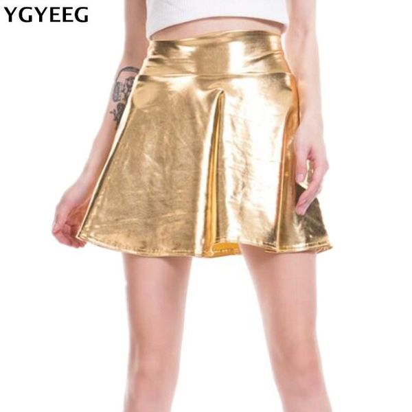 

skirts ygyeeg 2021 women faux leather vintage elastic high waist skater flared pleated stretch mini work skirt for female, Black