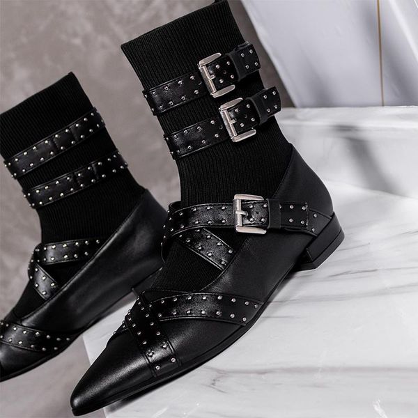 

boots est buckle rivets stretch sock women patchwork leather winter wool short shoes fashion low heel ankle, Black