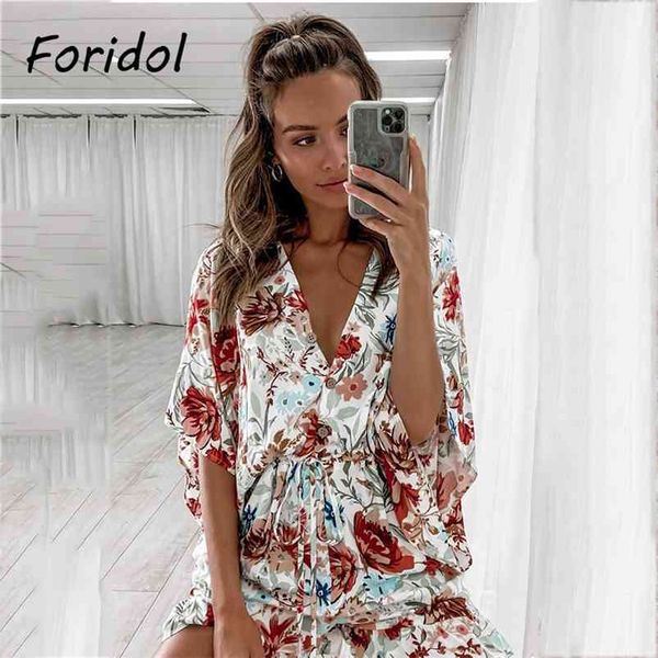 Foridol Geniş Bacak Çiçek Baskı Yaz Boho Tulum Tulum Kadınlar V Boyun Batwing Sleeve Düğmesi Casual Gevşek Playsuits Plaj 210415