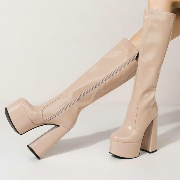 

boots patent leather knee high women round toe super heels shoes for woman platform party wedding size 43, Black