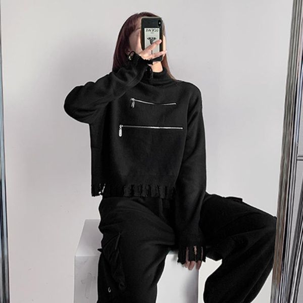 

europe girl style tassels holes knitwear women's autumn winter turtleneck chest zipper long sleeve pullovers sweater g5pg sweaters, White;black