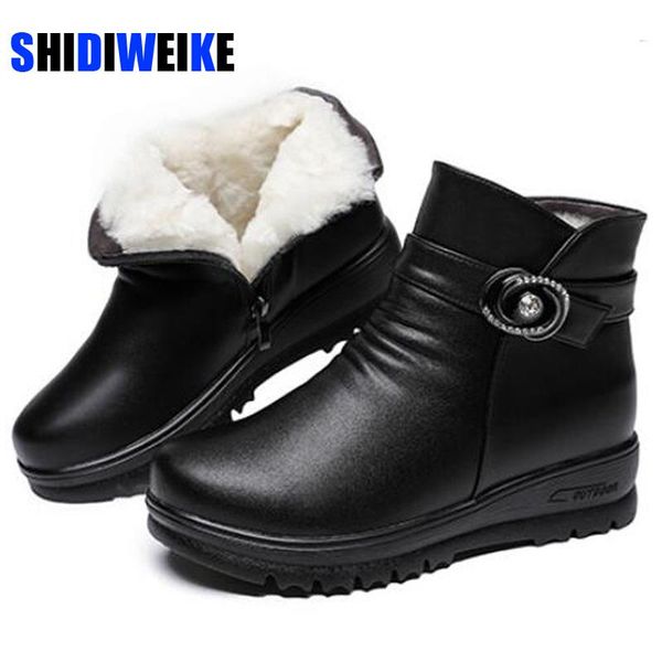 

boots winter pu leather wedge heels women snow famale non-slip warm wool fur ankle women's casual shoes ad776, Black