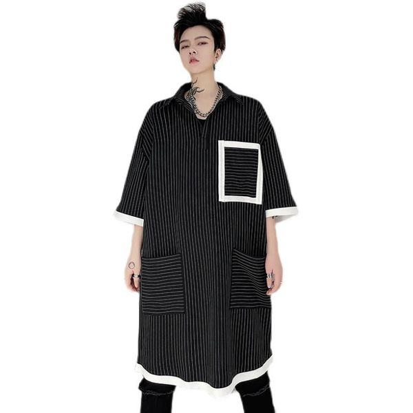 

men's casual shirts summer men oversized loose shirt short sleeve striped extra long big pockets black and white cotton hiphop high str, White;black