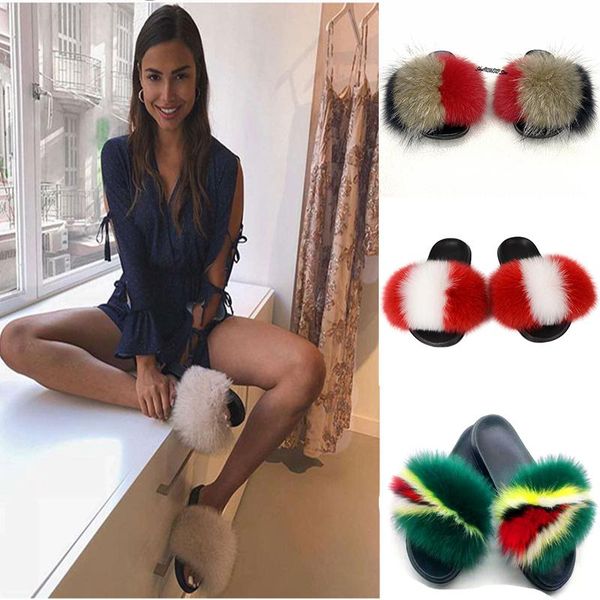 

women's fluffy fur slippers ladies house plush flat slides female fashion colorful sandals luxury soft flip flops cute shoes, Black
