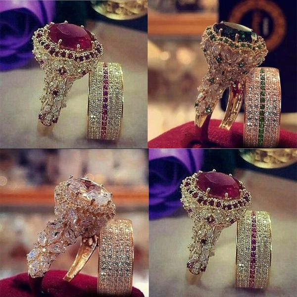 

wedding rings elegant fashion gold color ring red green white crystal jewelry engagement proposal accessory for female, Slivery;golden