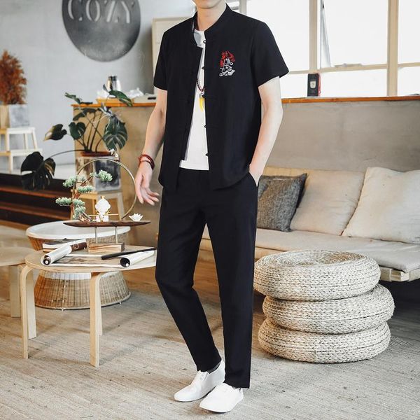 

men's tracksuits clothing large size 5xl tracksuit husband 2021 summer suit linen t-shirt fashion male set chinese style 2 piece, Gray