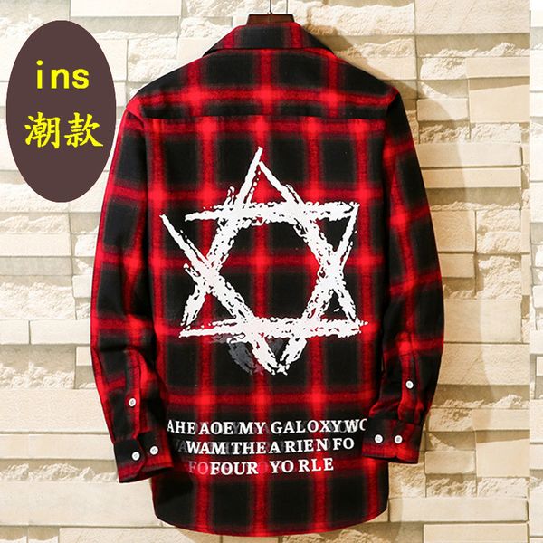 

Men's Plaid shirt printed long sleeve men's youth fashion ins student Shirt, White;black