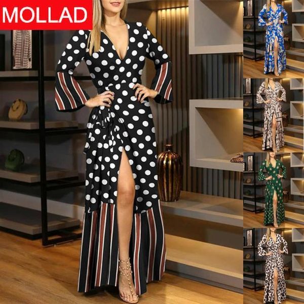 

casual dresses women's clothing cross-border european and american autumn winter printing v-neck long sleeve maxi dress, Black;gray