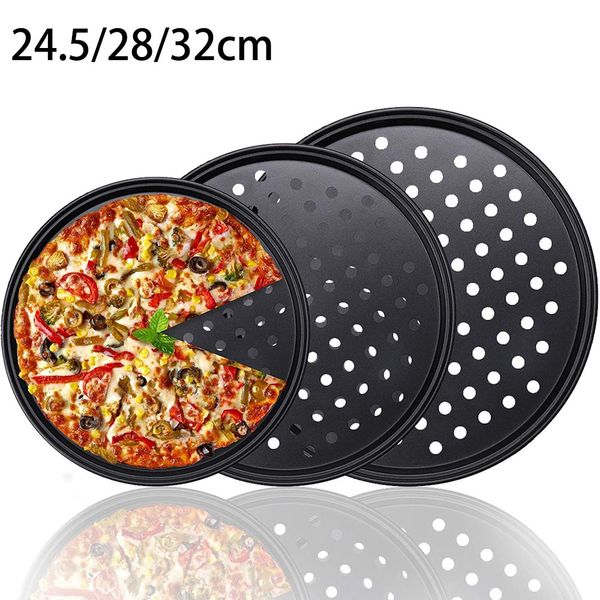 Pizza pan com furo redondo molde de cozimento aço carbono perfurado nonstick bakeware bandeja placa placa placa prato