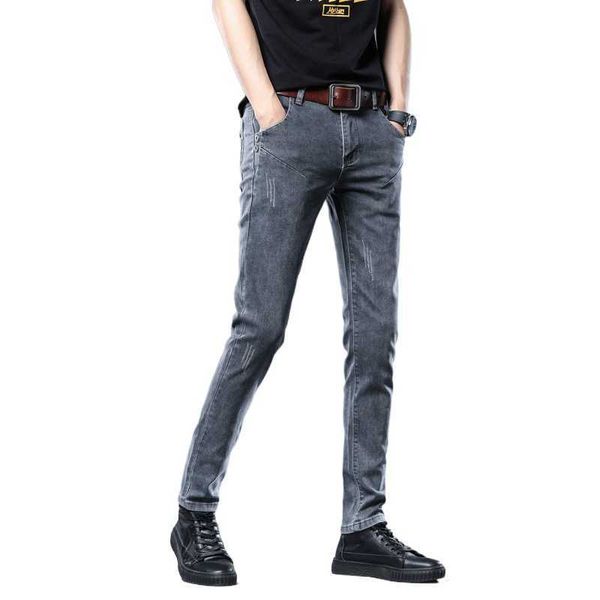

summer grey men's korean fashion casual elastic slim pants men's skinny jeans men x0621, Blue