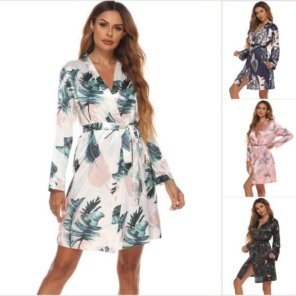 

women's sleepwear summer luxurious ice silk womens long sleeve robe bathrobe pajamas ladies gown kimono pijama comfort home clothes, Black;red