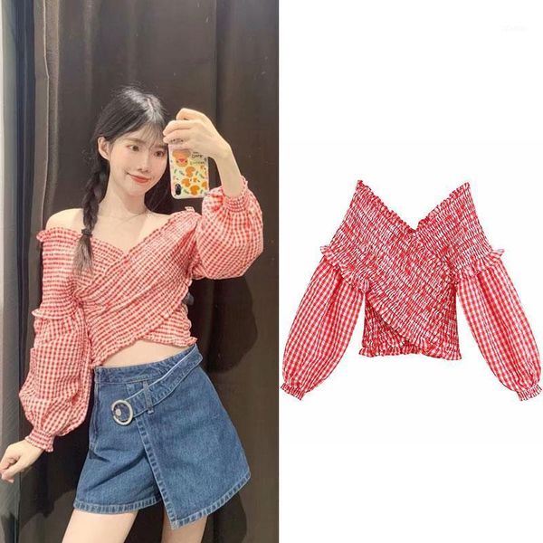

ladies fashion puffy sleeve one-line collar little red plaid elastic shirt retro v-neck long women chic women's blouses & shirts, White