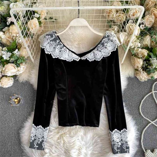 

lady fashion lace v collar retro velvet women's long sleeve clothes blouses harajuku vintage blouse p989 210527, White