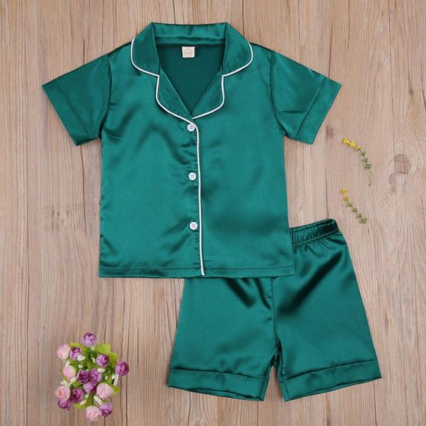 

pajamas est children two-piece nightwear set solid color short sleeve turn-down collar shorts imitation silk suit, Blue;red