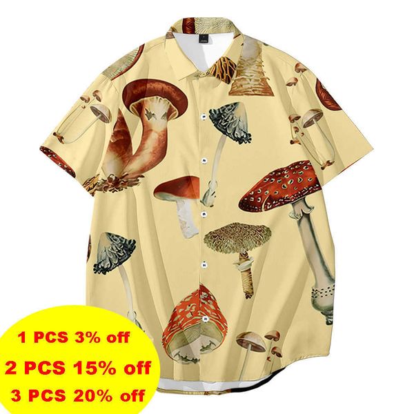 

large plus size men's shirt creative mushroom pattern 3d digital printing beach vacation loose short-sleeved for men 6xl 210721, White;black