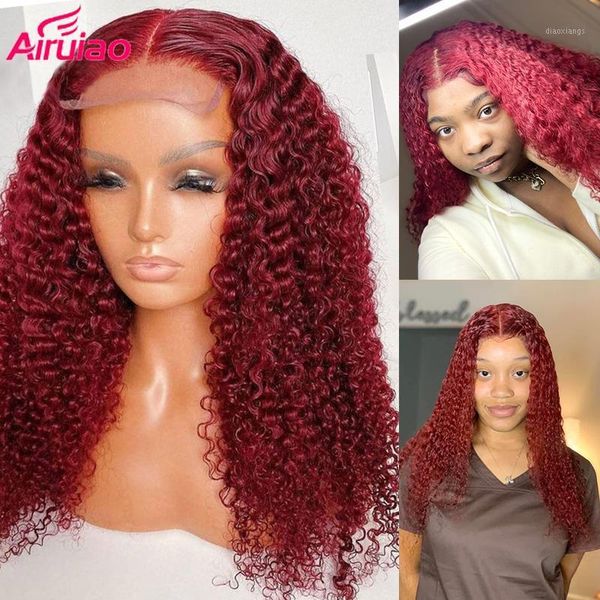 

colored lace front wig human hair pre plucked curly hd transparent red wigs for women 13x6 frontal full 180% glueless1, Black;brown