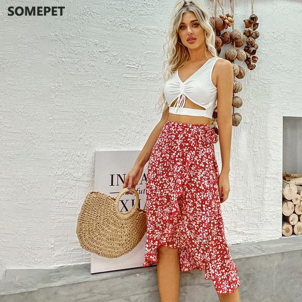 

skirts mid calf length women ruffles bowknot belt decoration sweet yellow floral country style, Black