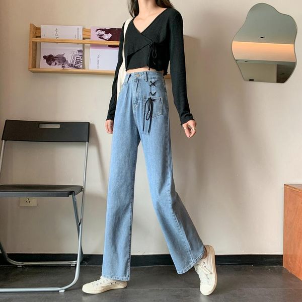 

women's jeans woman high waist clothes korean style chic harajuku casual straight pants plus size wide leg long denim clothing wnh3, Blue